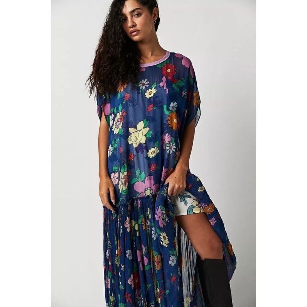 Free People Mina Maxi Dress Crepe Chiffon Floral Print Short Sleeves Size XS